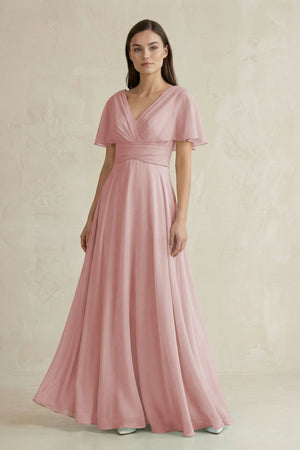 V - Neck Ruffled Sleeve A - Line Chiffon Bridesmaid Dress in Dusty Rose - SHE IS ME Bridesmaid Dresses