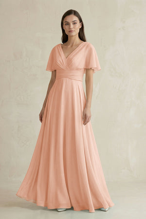 V - Neck Ruffled Sleeve A - Line Chiffon Bridesmaid Dress in English Rose - SHE IS ME Bridesmaid Dresses