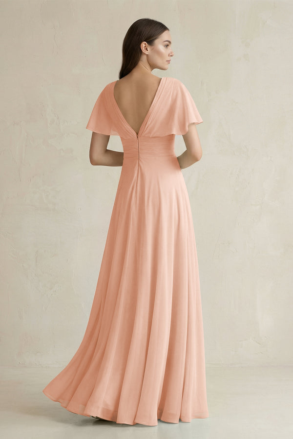V - Neck Ruffled Sleeve A - Line Chiffon Bridesmaid Dress in English Rose - SHE IS ME Bridesmaid Dresses