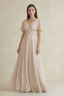 V - Neck Ruffled Sleeve A - Line Chiffon Bridesmaid Dress in Frost - SHE IS ME Bridesmaid Dresses