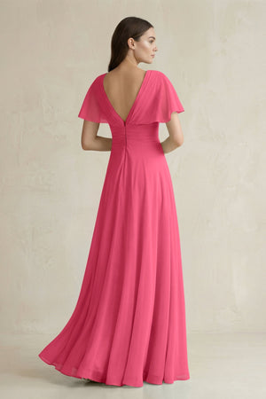 V - Neck Ruffled Sleeve A - Line Chiffon Bridesmaid Dress in Fuchsia - SHE IS ME Bridesmaid Dresses