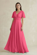 V - Neck Ruffled Sleeve A - Line Chiffon Bridesmaid Dress in Fuchsia - SHE IS ME Bridesmaid Dresses