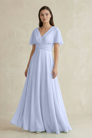 V - Neck Ruffled Sleeve A - Line Chiffon Bridesmaid Dress in Ice - SHE IS ME Bridesmaid Dresses