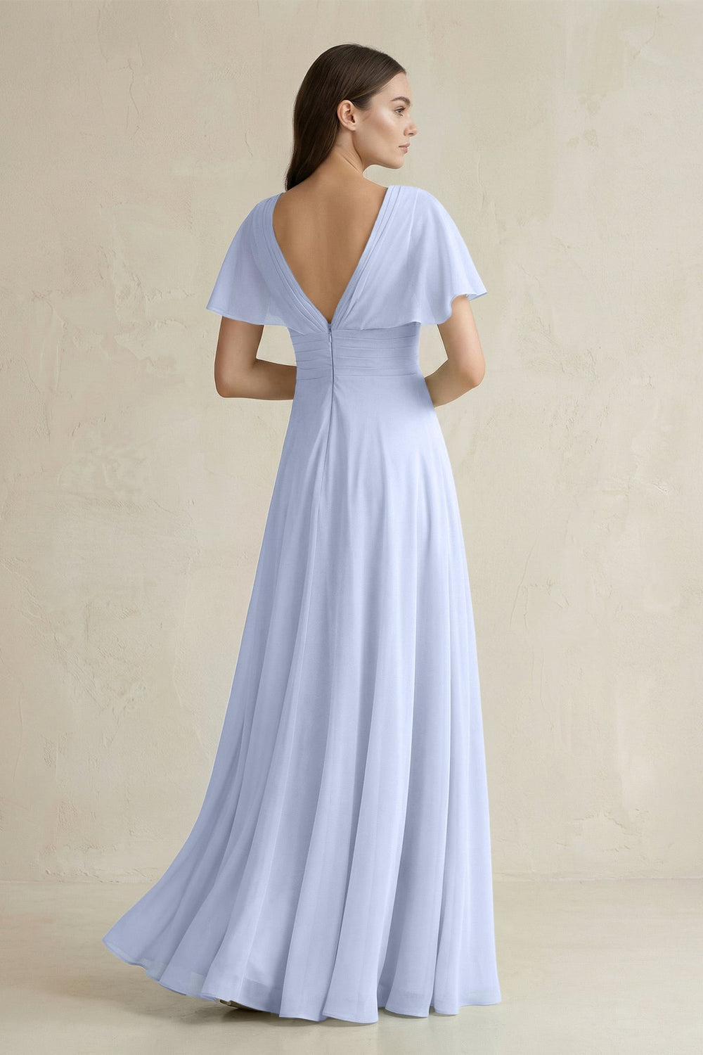 V - Neck Ruffled Sleeve A - Line Chiffon Bridesmaid Dress in Ice - SHE IS ME Bridesmaid Dresses