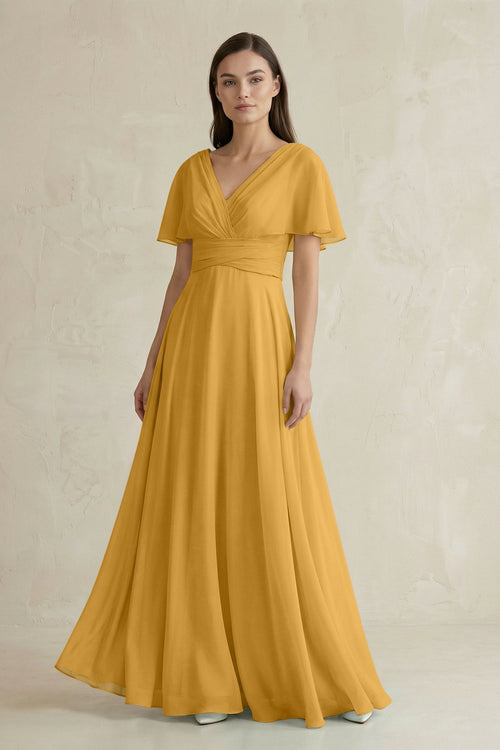 V - Neck Ruffled Sleeve A - Line Chiffon Bridesmaid Dress in Marigold - SHE IS ME Bridesmaid Dresses