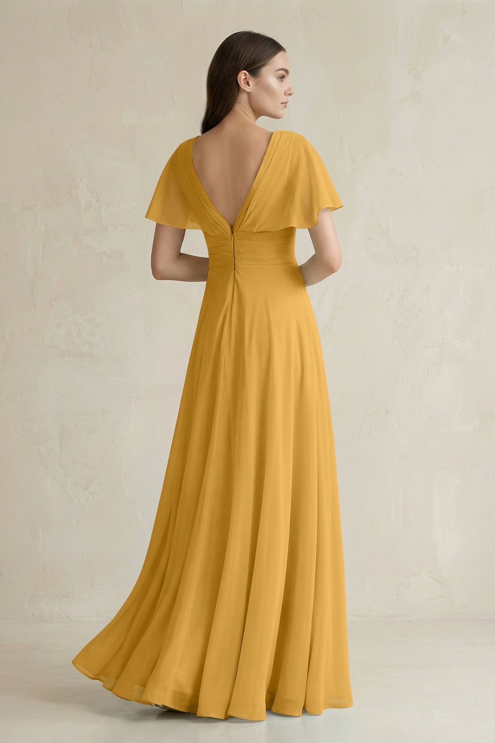 V - Neck Ruffled Sleeve A - Line Chiffon Bridesmaid Dress in Marigold - SHE IS ME Bridesmaid Dresses