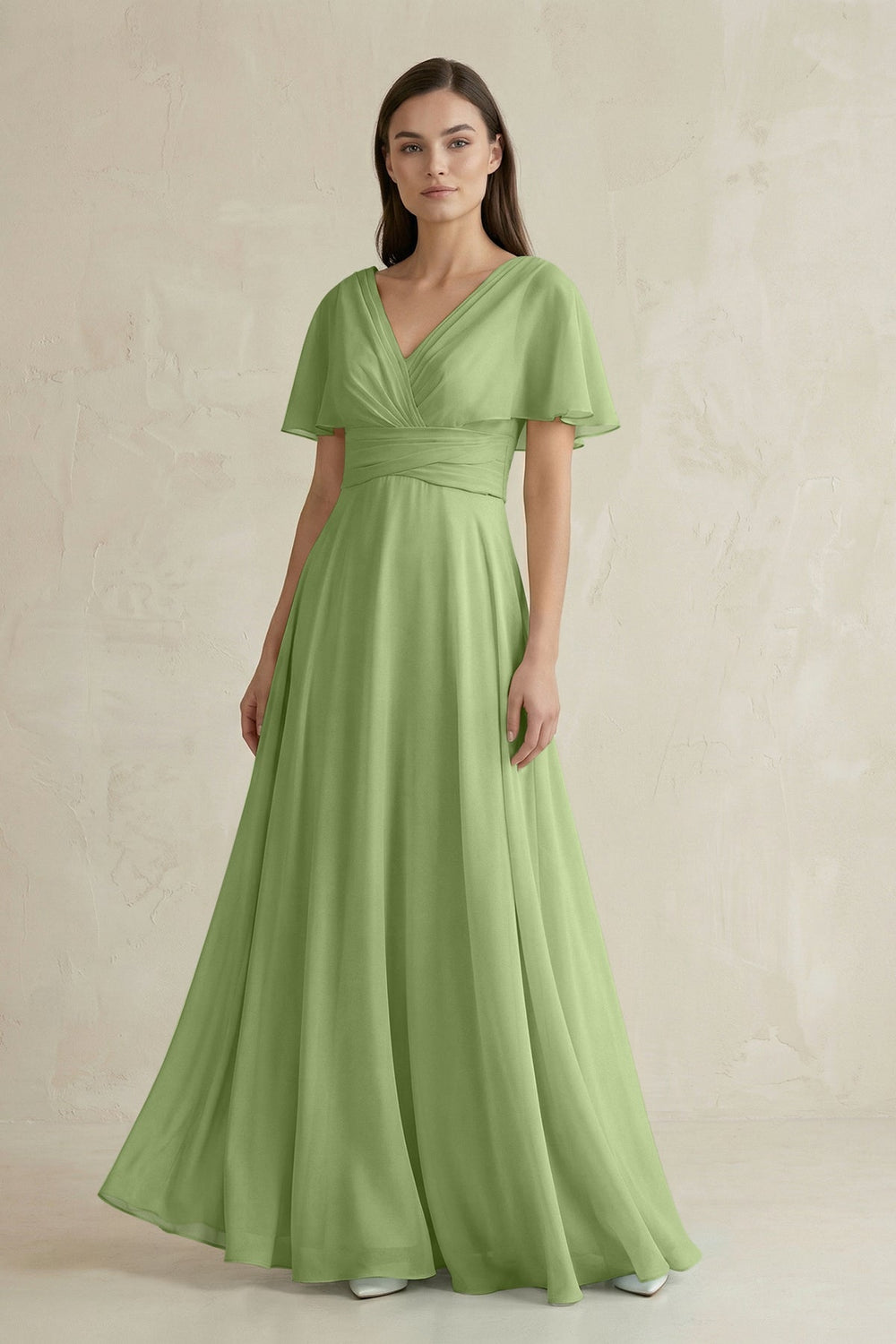 V - Neck Ruffled Sleeve A - Line Chiffon Bridesmaid Dress in Matcha - SHE IS ME Bridesmaid Dresses