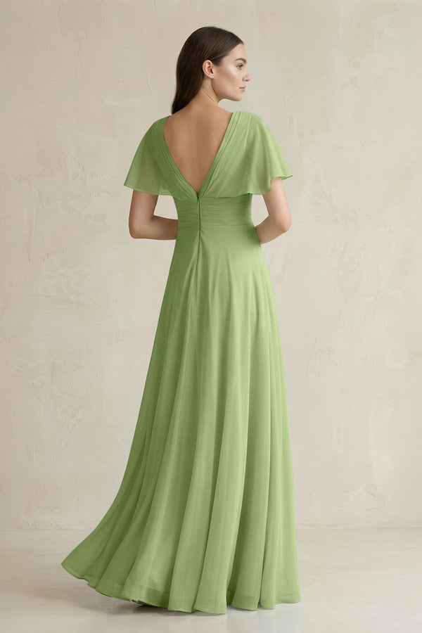 V - Neck Ruffled Sleeve A - Line Chiffon Bridesmaid Dress in Matcha - SHE IS ME Bridesmaid Dresses