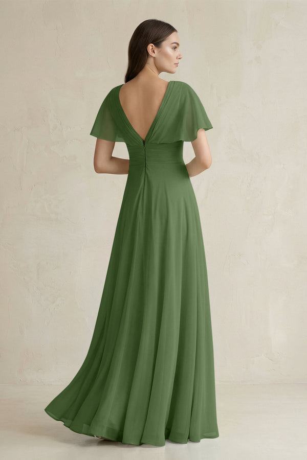 V - Neck Ruffled Sleeve A - Line Chiffon Bridesmaid Dress in Moss - SHE IS ME Bridesmaid Dresses