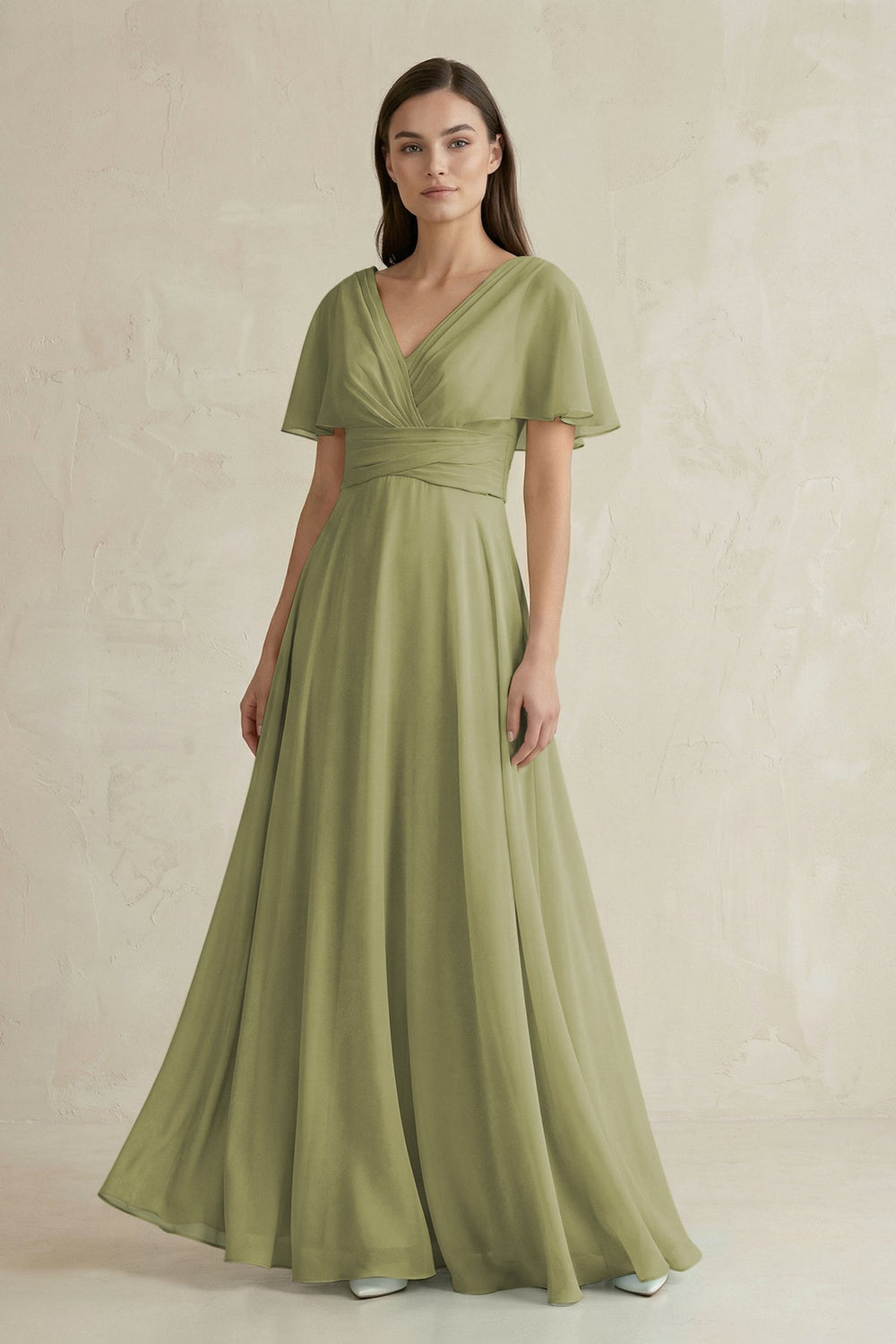 V - Neck Ruffled Sleeve A - Line Chiffon Bridesmaid Dress in Moss Green - SHE IS ME Bridesmaid Dresses
