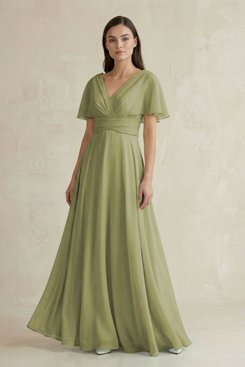 V - Neck Ruffled Sleeve A - Line Chiffon Bridesmaid Dress in Moss Green - SHE IS ME Bridesmaid Dresses