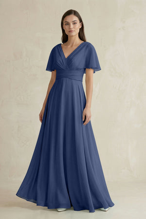V - Neck Ruffled Sleeve A - Line Chiffon Bridesmaid Dress in Navy - SHE IS ME Bridesmaid Dresses