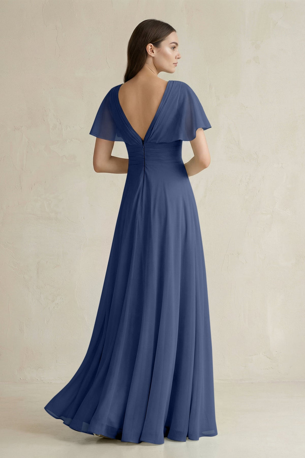 V - Neck Ruffled Sleeve A - Line Chiffon Bridesmaid Dress in Navy - SHE IS ME Bridesmaid Dresses