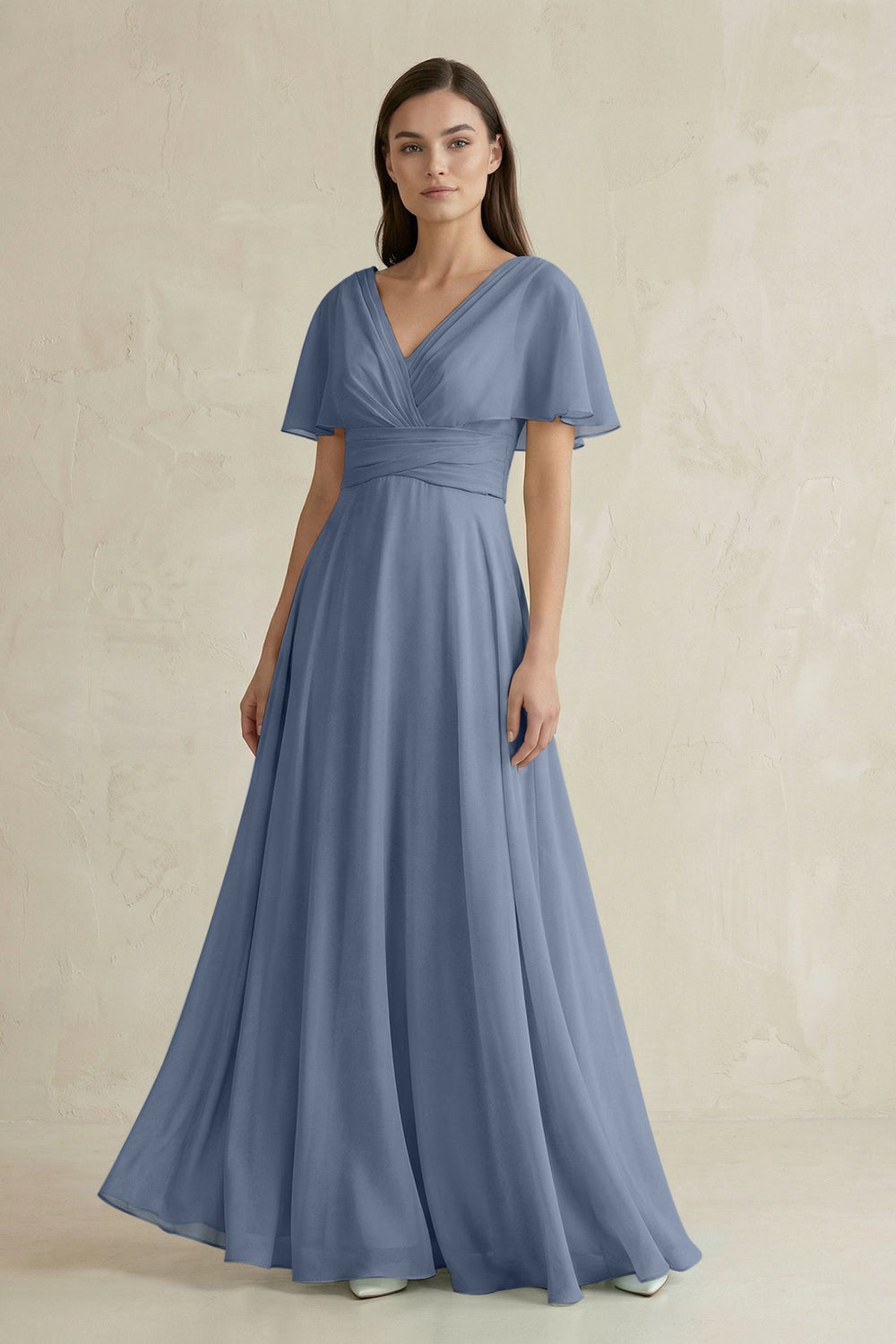 V - Neck Ruffled Sleeve A - Line Chiffon Bridesmaid Dress in Neptune - SHE IS ME Bridesmaid Dresses