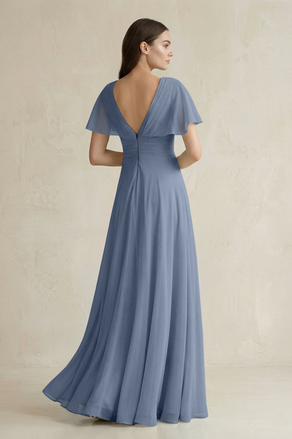 V - Neck Ruffled Sleeve A - Line Chiffon Bridesmaid Dress in Neptune - SHE IS ME Bridesmaid Dresses