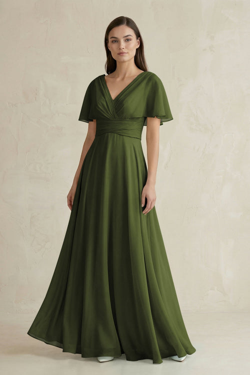 V - Neck Ruffled Sleeve A - Line Chiffon Bridesmaid Dress in Olive - SHE IS ME Bridesmaid Dresses