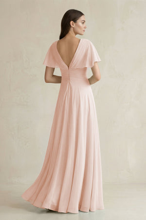 V - Neck Ruffled Sleeve A - Line Chiffon Bridesmaid Dress in Pale Blush - SHE IS ME Bridesmaid Dresses