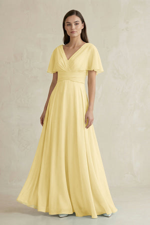 V - Neck Ruffled Sleeve A - Line Chiffon Bridesmaid Dress in Pastel Yellow - SHE IS ME Bridesmaid Dresses