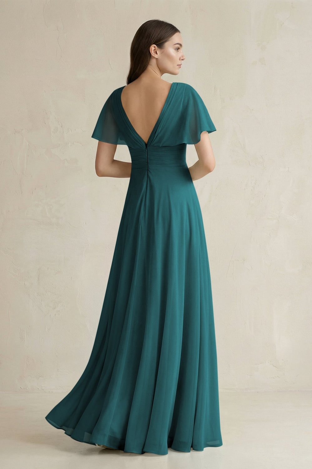 V - Neck Ruffled Sleeve A - Line Chiffon Bridesmaid Dress in Pine - SHE IS ME Bridesmaid Dresses