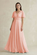 V - Neck Ruffled Sleeve A - Line Chiffon Bridesmaid Dress in Rose Petal - SHE IS ME Bridesmaid Dresses