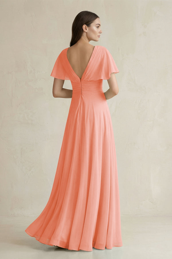 V - Neck Ruffled Sleeve A - Line Chiffon Bridesmaid Dress in Rosette - SHE IS ME Bridesmaid Dresses