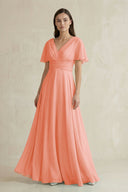 V - Neck Ruffled Sleeve A - Line Chiffon Bridesmaid Dress in Rosette - SHE IS ME Bridesmaid Dresses