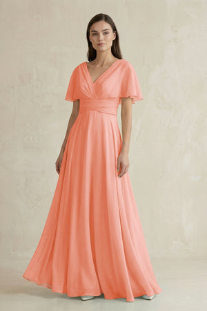 V - Neck Ruffled Sleeve A - Line Chiffon Bridesmaid Dress in Rosette - SHE IS ME Bridesmaid Dresses
