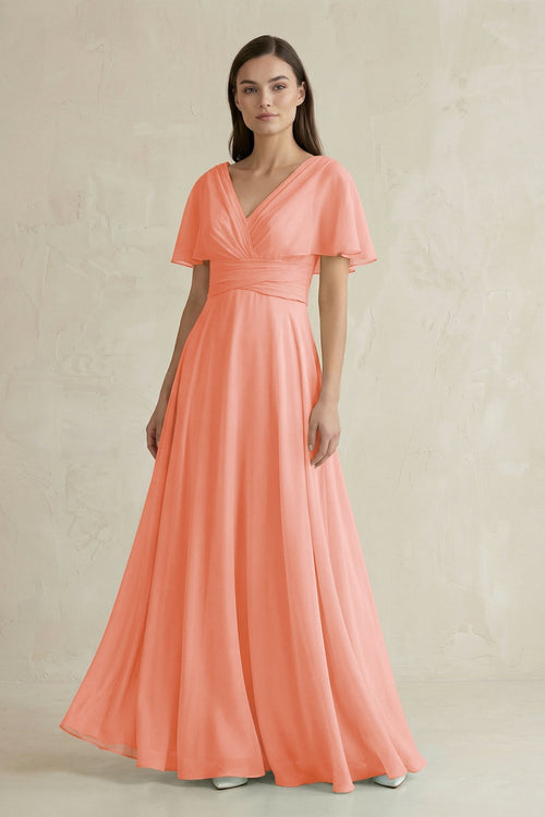 V - Neck Ruffled Sleeve A - Line Chiffon Bridesmaid Dress in Rosette - SHE IS ME Bridesmaid Dresses