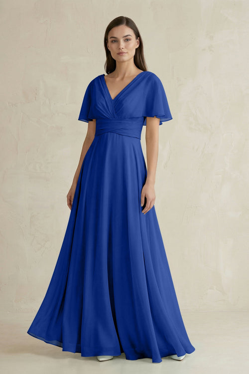 V - Neck Ruffled Sleeve A - Line Chiffon Bridesmaid Dress in Royal Blue - SHE IS ME Bridesmaid Dresses