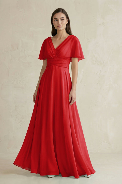 V - Neck Ruffled Sleeve A - Line Chiffon Bridesmaid Dress in Ruby Red - SHE IS ME Bridesmaid Dresses