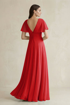 V - Neck Ruffled Sleeve A - Line Chiffon Bridesmaid Dress in Ruby Red - SHE IS ME Bridesmaid Dresses
