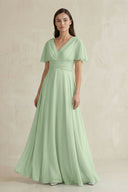 V - Neck Ruffled Sleeve A - Line Chiffon Bridesmaid Dress in Sage - SHE IS ME Bridesmaid Dresses