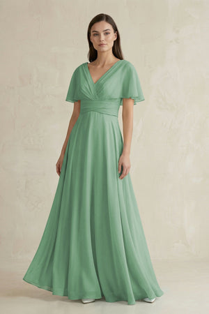 V - Neck Ruffled Sleeve A - Line Chiffon Bridesmaid Dress in Sea Glass - SHE IS ME Bridesmaid Dresses