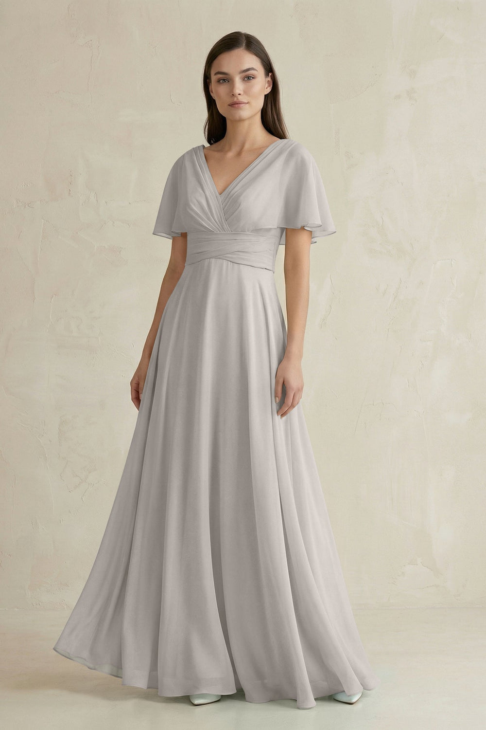 V - Neck Ruffled Sleeve A - Line Chiffon Bridesmaid Dress in Silver - SHE IS ME Bridesmaid Dresses
