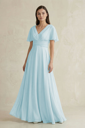 V - Neck Ruffled Sleeve A - Line Chiffon Bridesmaid Dress in Sky Blue - SHE IS ME Bridesmaid Dresses