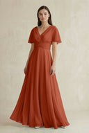 V - Neck Ruffled Sleeve A - Line Chiffon Bridesmaid Dress in Spice - SHE IS ME Bridesmaid Dresses