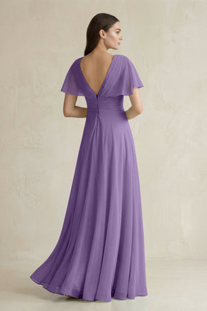 V - Neck Ruffled Sleeve A - Line Chiffon Bridesmaid Dress in Tahiti - SHE IS ME Bridesmaid Dresses