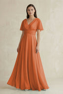 V - Neck Ruffled Sleeve A - Line Chiffon Bridesmaid Dress in Terracotta - SHE IS ME Bridesmaid Dresses