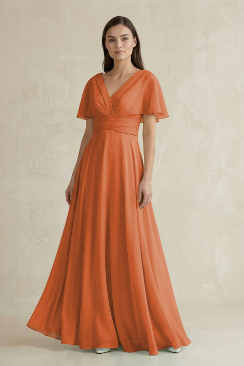 V - Neck Ruffled Sleeve A - Line Chiffon Bridesmaid Dress in Terracotta - SHE IS ME Bridesmaid Dresses
