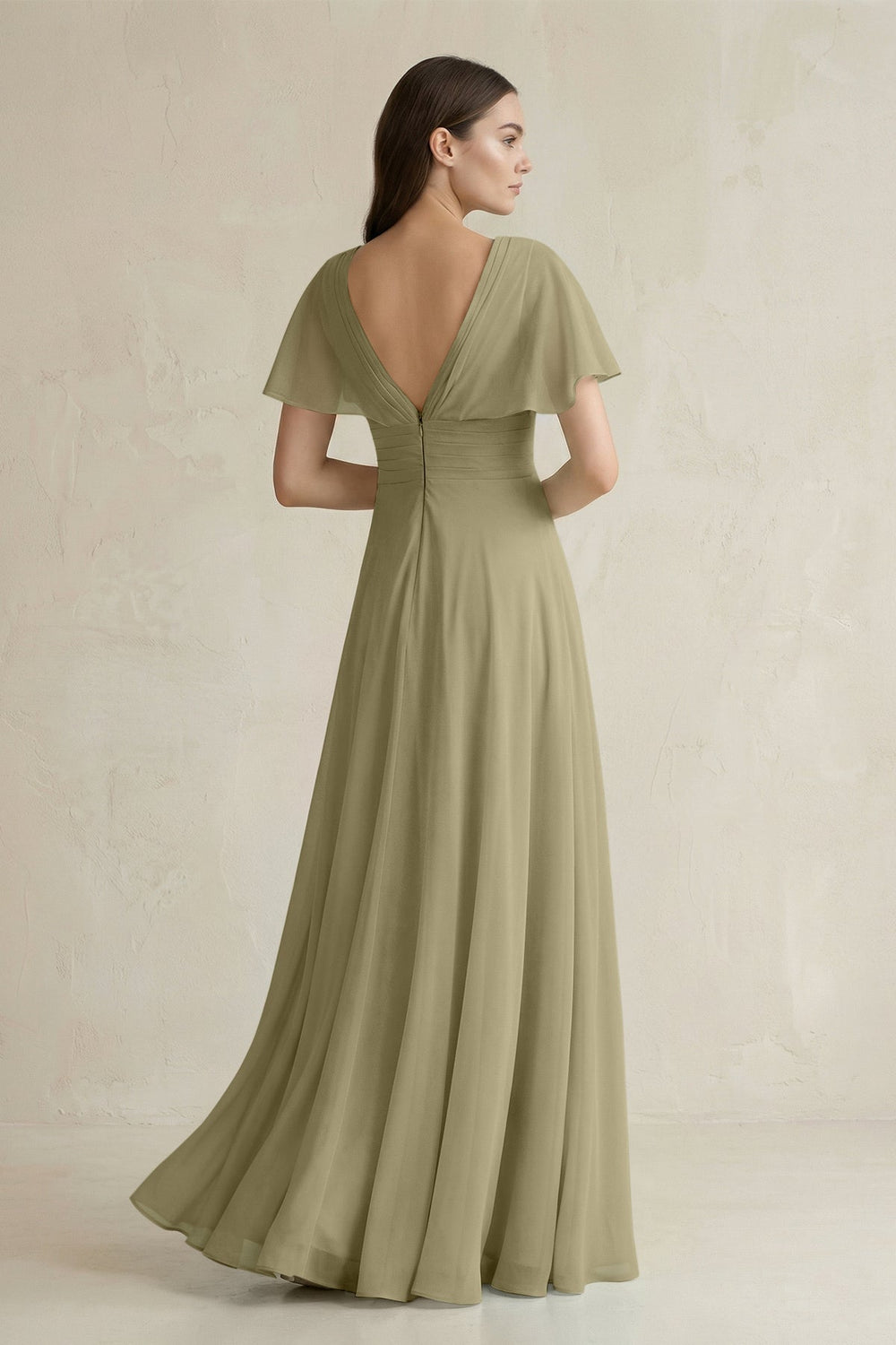 V - Neck Ruffled Sleeve A - Line Chiffon Bridesmaid Dress in Thyme - SHE IS ME Bridesmaid Dresses