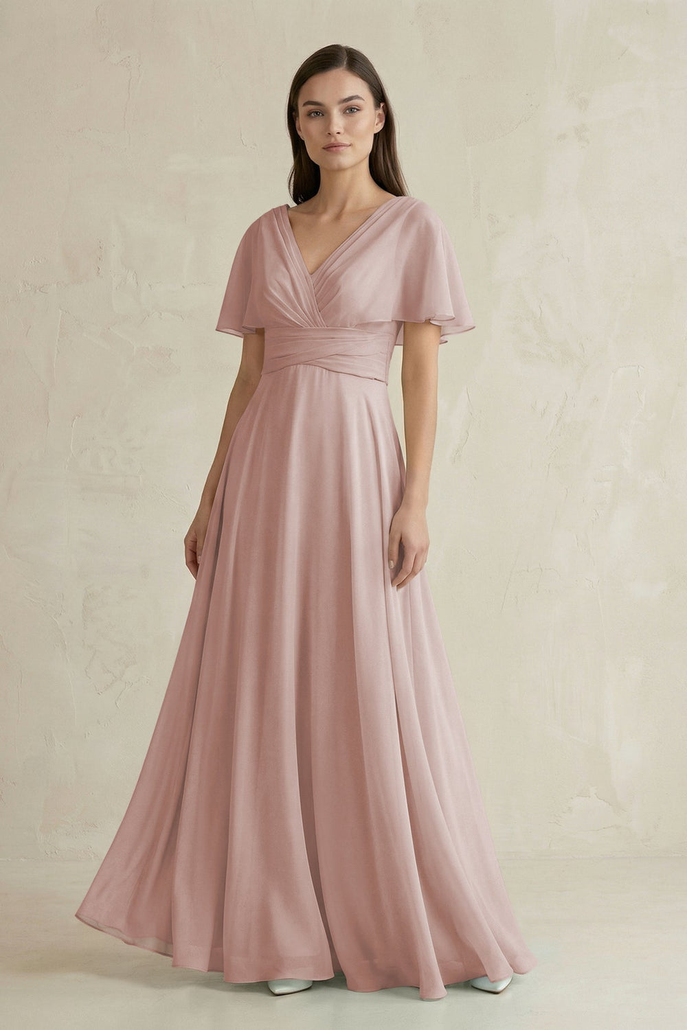 V - Neck Ruffled Sleeve A - Line Chiffon Bridesmaid Dress in Toffee - SHE IS ME Bridesmaid Dresses