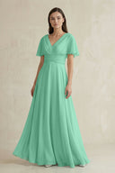 V - Neck Ruffled Sleeve A - Line Chiffon Bridesmaid Dress in Turquoise - SHE IS ME Bridesmaid Dresses