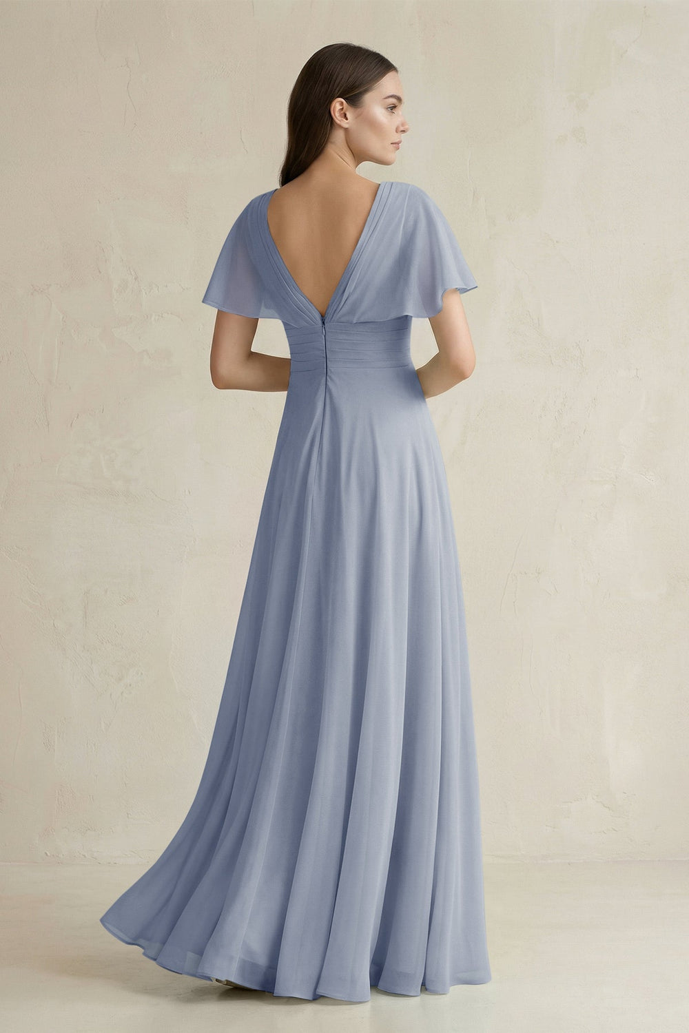 V - Neck Ruffled Sleeve A - Line Chiffon Bridesmaid Dress in Twilight - SHE IS ME Bridesmaid Dresses