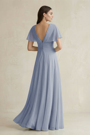 V - Neck Ruffled Sleeve A - Line Chiffon Bridesmaid Dress in Twilight - SHE IS ME Bridesmaid Dresses