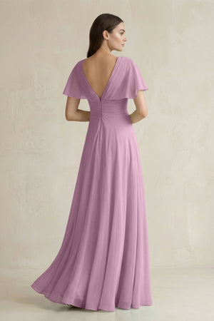 V - Neck Ruffled Sleeve A - Line Chiffon Bridesmaid Dress in Wisteria - SHE IS ME Bridesmaid Dresses