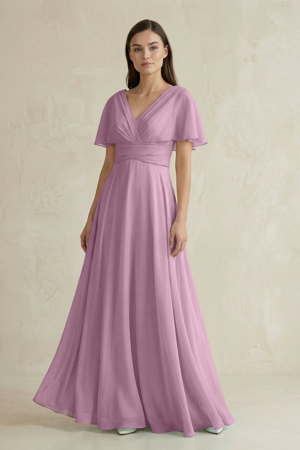 V - Neck Ruffled Sleeve A - Line Chiffon Bridesmaid Dress in Wisteria - SHE IS ME Bridesmaid Dresses