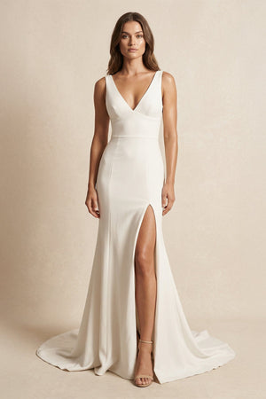 V - Neck Satin Mermaid Wedding Dress With Slit in Ivory - SHE IS ME Wedding Dresses