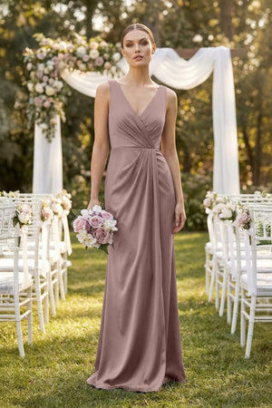 V - Neck Satin Ruched Sheath Bridesmaid Dress in Toffee - SHE IS ME Bridesmaid Dresses