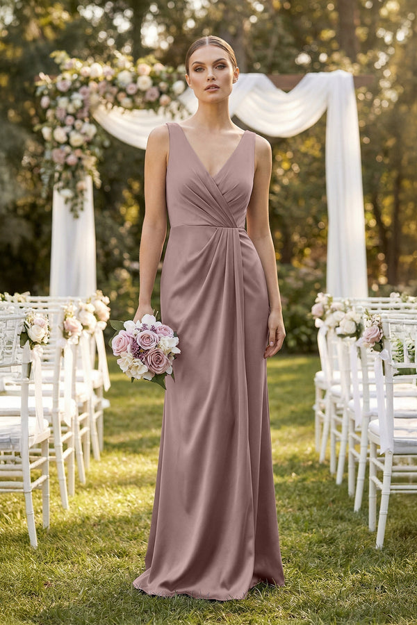 V - Neck Satin Ruched Sheath Bridesmaid Dress in Toffee - SHE IS ME Bridesmaid Dresses