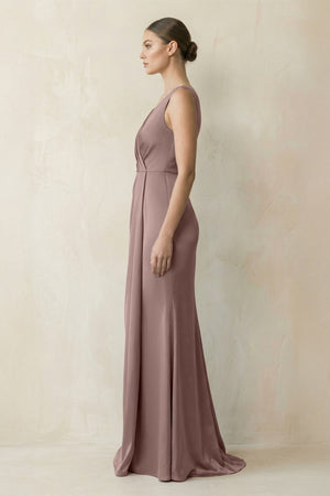 V - Neck Satin Ruched Sheath Bridesmaid Dress in Toffee - SHE IS ME Bridesmaid Dresses